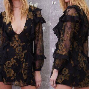 NWOT For Love & Lemons Black Bumble Long Sleeve Ruffle A-line Mini Dress M $326